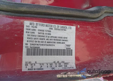 2000 Mercury Grand Marquis Ls from USA, damaged, VIN 2MEFM75W3YX690374